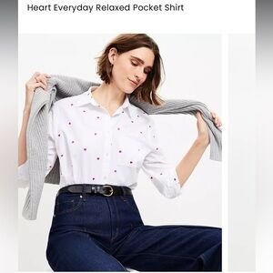 NWT-LOFT White Shirt with Pink Heart Accents